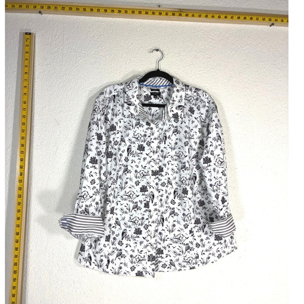 Talbots Plus Womens 24W Non-Iron Button Down Shirt Bird Botanical Print White
